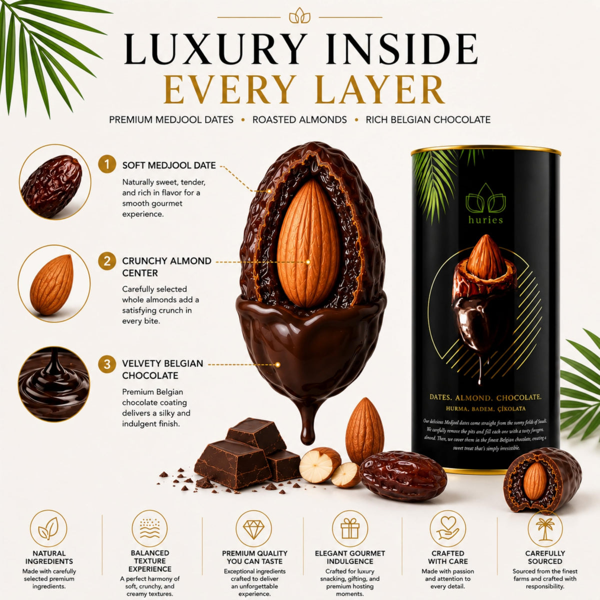 Huries Dark Chocolate Covered Dates with Almonds, Individually Wrapped Gourmet Stuffed Date Candy, Turkish Dessert Snack, 200 g