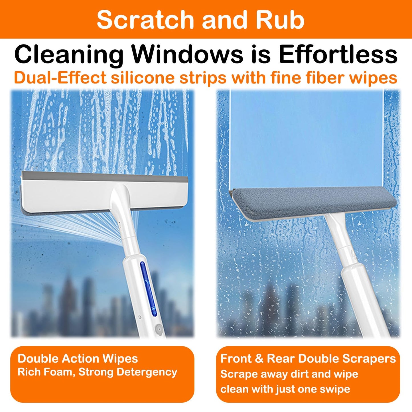 MIYIMORE RV Window Cleaning Squeegee with Spray, Max 73.3" Handle, Motorhome & Camper Exterior Glass Cleaner, 3-in-1 Spray Mop for High Windows, Home