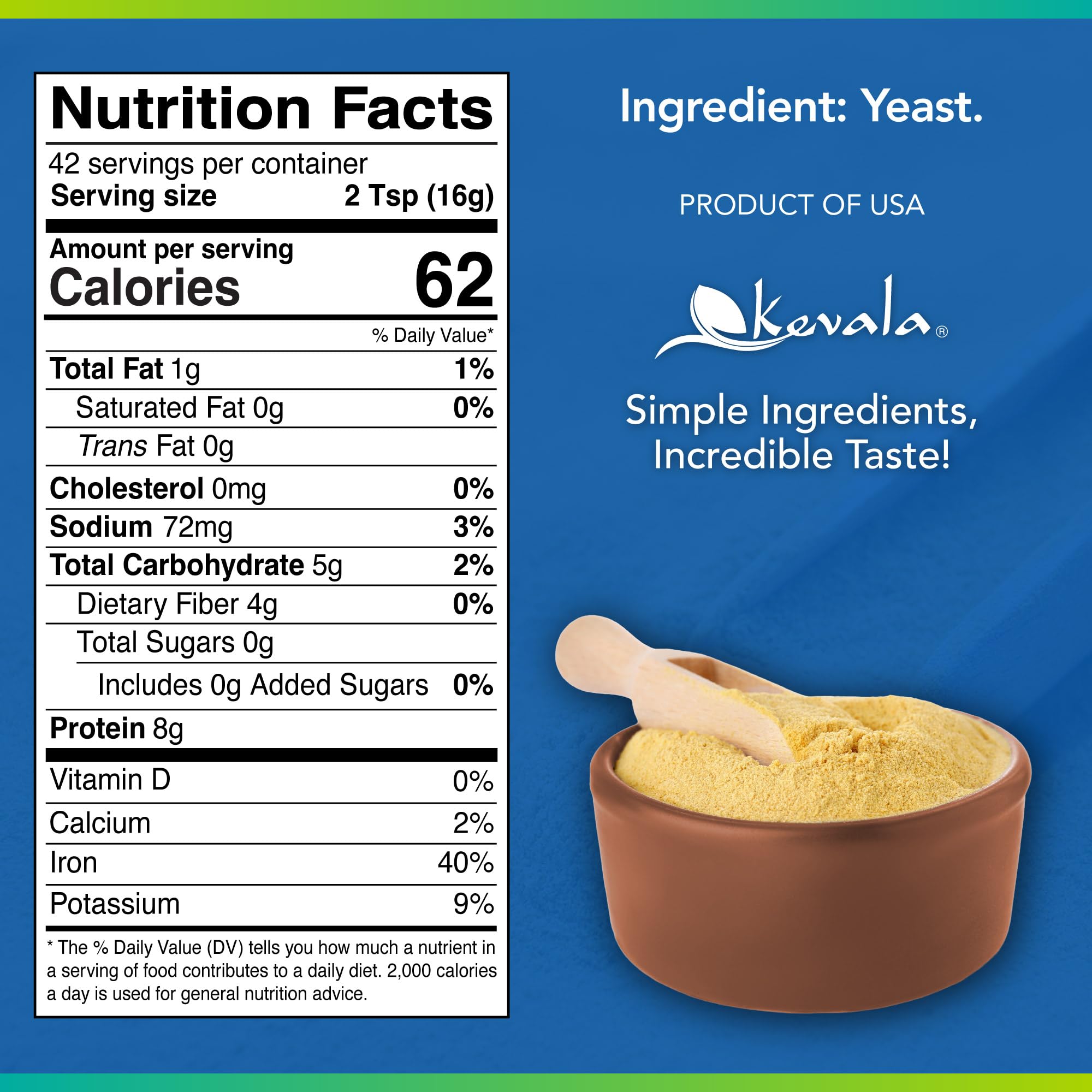 Kevala Nutritional Yeast - Premium Non Fortified Powder for Vegan Cooking, Product of USA, Seasoning with a Cheesy Flavor, Dry Yeast With No Added