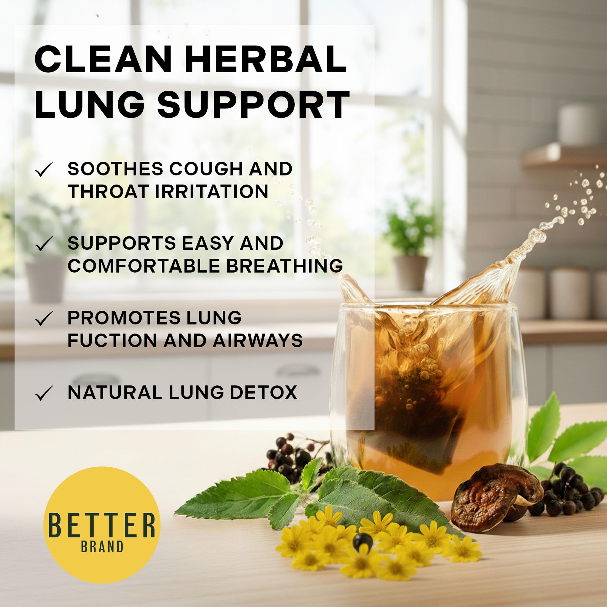 Betterbrand Mullein Tea Bags for Lung Detox - Respiratory Support with Thyme, Elderberry, Ginseng, Ginger, Caffeine Free Herbal Blend - 15 Tea Bags