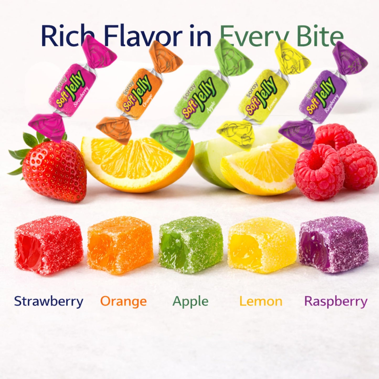 Soft Jelly Candy - 1kg (2.2 lb) Bulk Pack - Individually Wrapped Fruit Flavored Chewy Candy - Apple, Lemon, Orange, Raspberry, Strawberry