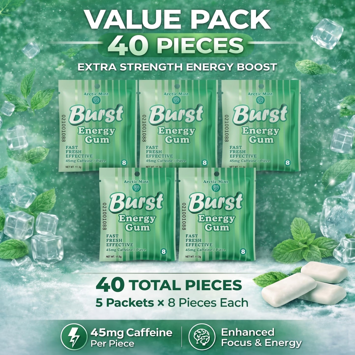 Burst Energy Gum - 45mg Caffeine Per Piece, Focus & Energy Burst, Arctic Mint 5 Packs of 8 (40 Pieces), Manage Stress, Functional Gum, Hunger Control