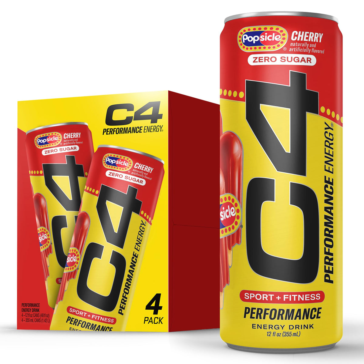 C4 Performance Energy Drink with Zero Sugar, Cherry Popsicle, 4pk