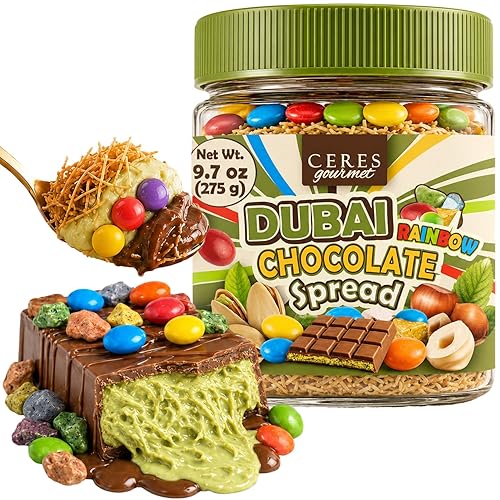 Ceres Gourmet Dubai Chocolate Spread with Candy Coated Chocolate Rocks and Pebbles - Premium Crunchy Snacks with Crispy Kataifi and Smooth Pistachio