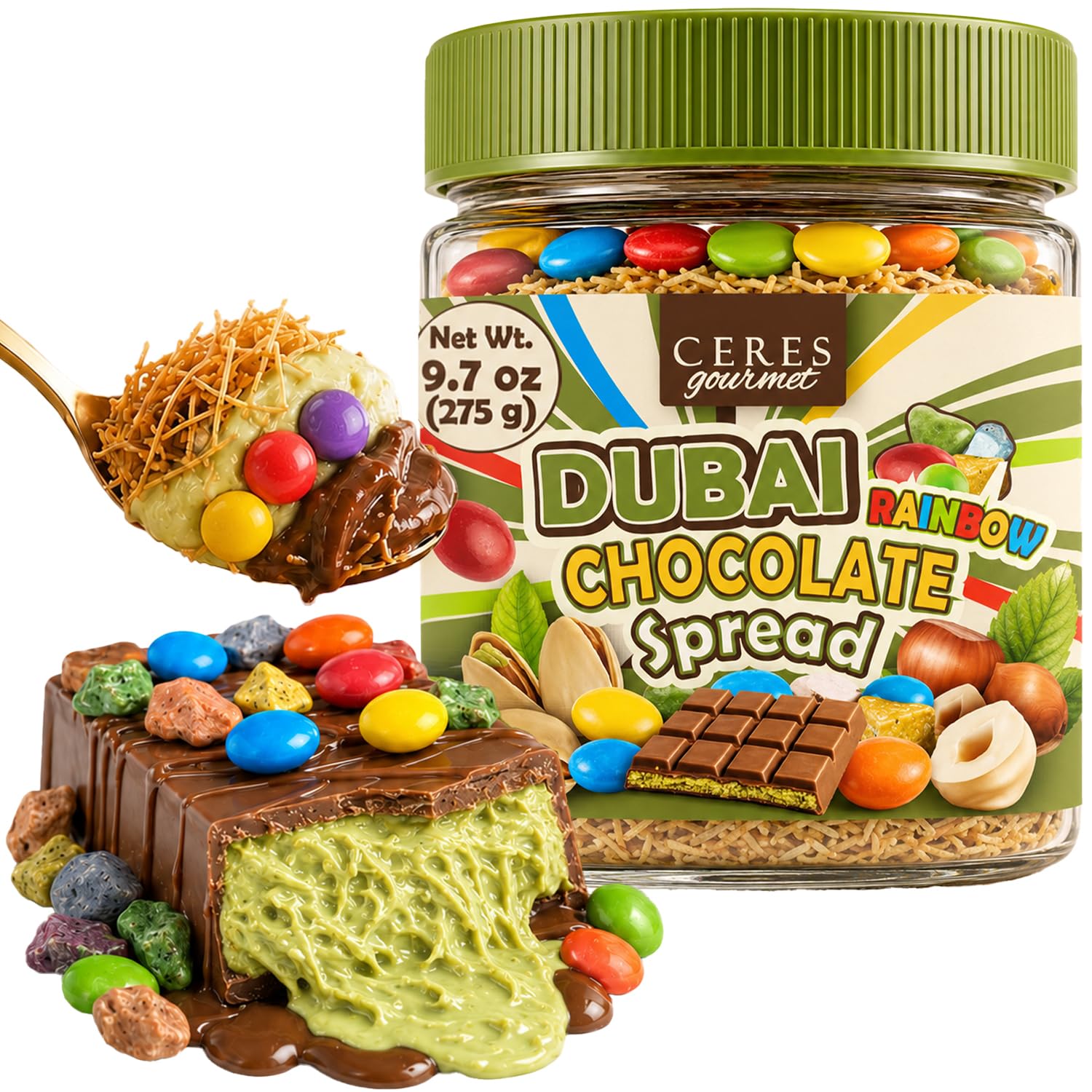 Ceres Gourmet Dubai Chocolate Spread with Candy Coated Chocolate Rocks and Pebbles - Premium Crunchy Snacks with Crispy Kataifi and Smooth Pistachio