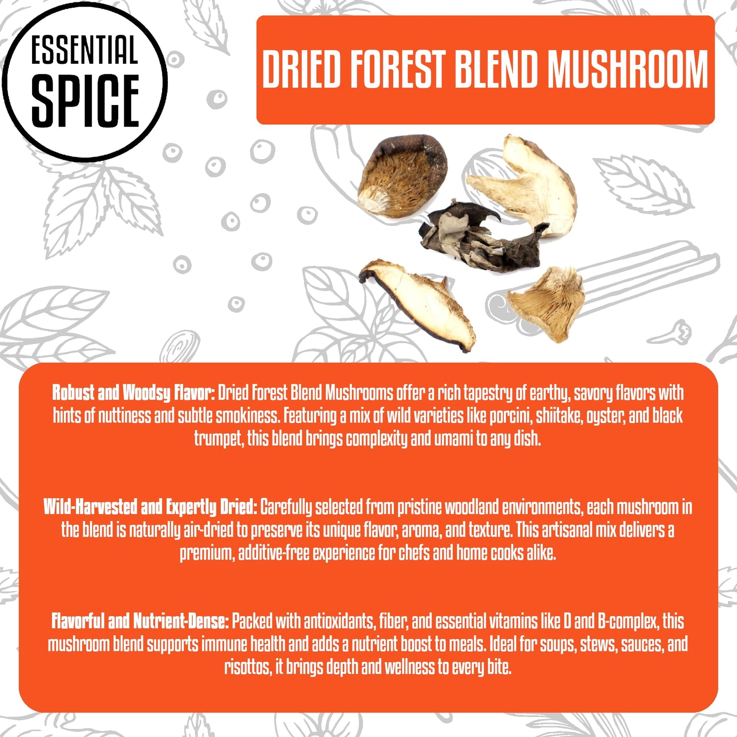 Essential Spice Dried Forest Blend Mushrooms - Gourmet Mix of Wild Mushrooms with Rich Earthy Umami Flavor - Ideal for Sauces, Soups, Risottos