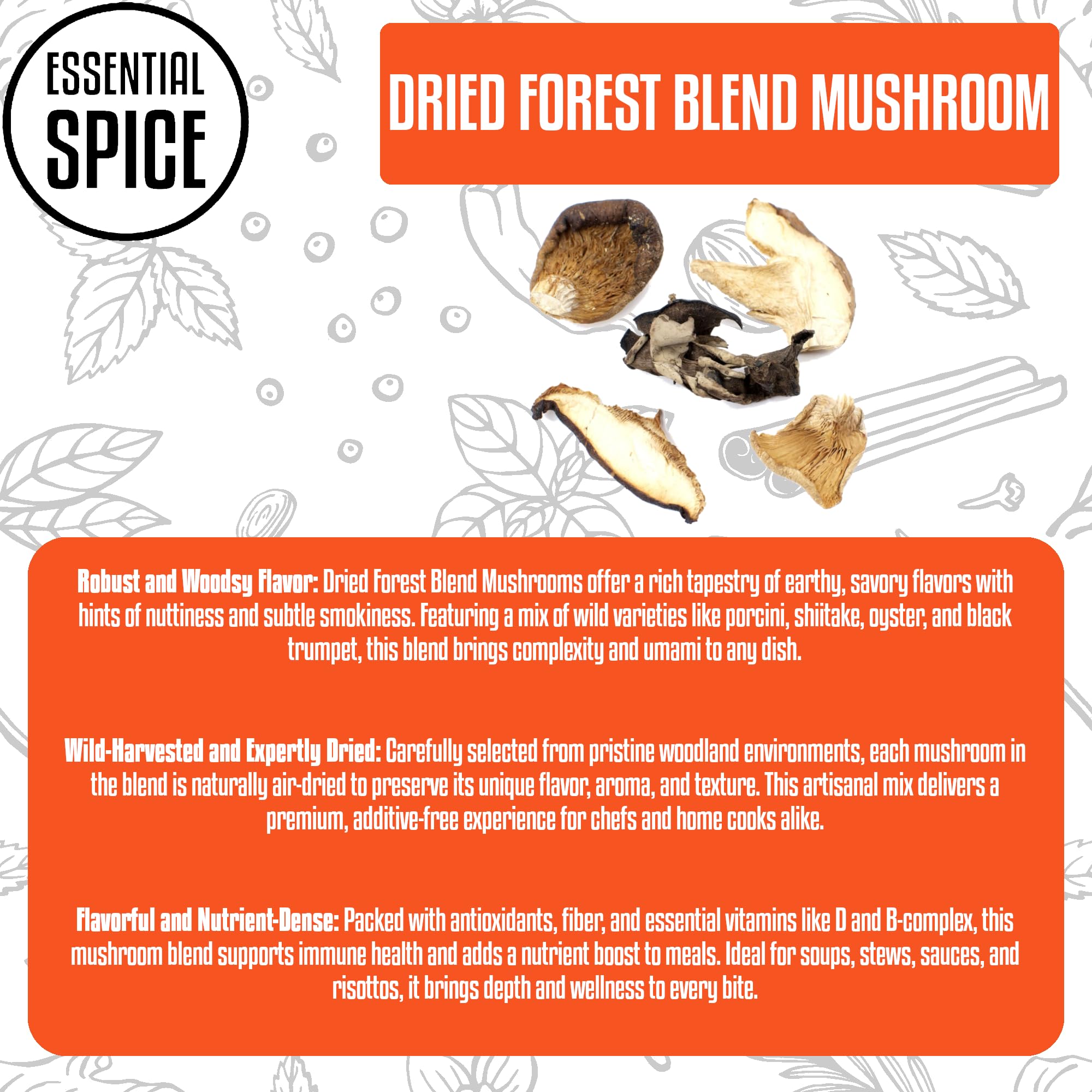 Essential Spice Dried Forest Blend Mushrooms - Gourmet Mix of Wild Mushrooms with Rich Earthy Umami Flavor - Ideal for Sauces, Soups, Risottos