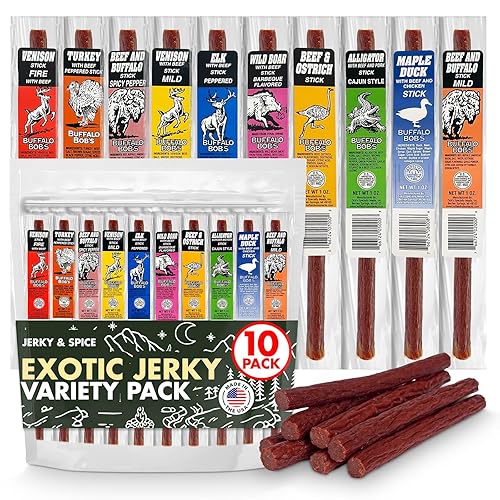 Jerky-n-Spice Wild Game Exotic Meat Sticks (10-Pack) | Ultimate Beef Jerky | Savory Snacks Variety Pack for Adults | Perfect Gifts for Anniversary