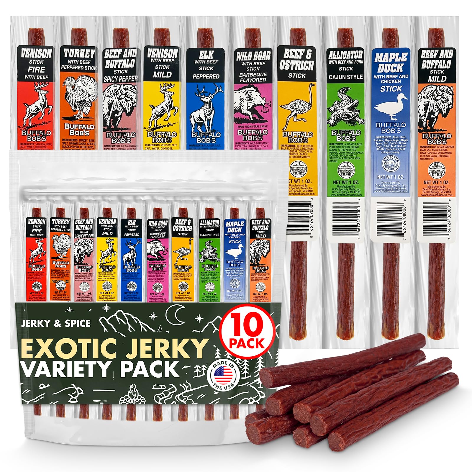 Jerky-n-Spice Wild Game Exotic Meat Sticks (10-Pack) | Ultimate Beef Jerky | Savory Snacks Variety Pack for Adults | Perfect Gifts for Anniversary