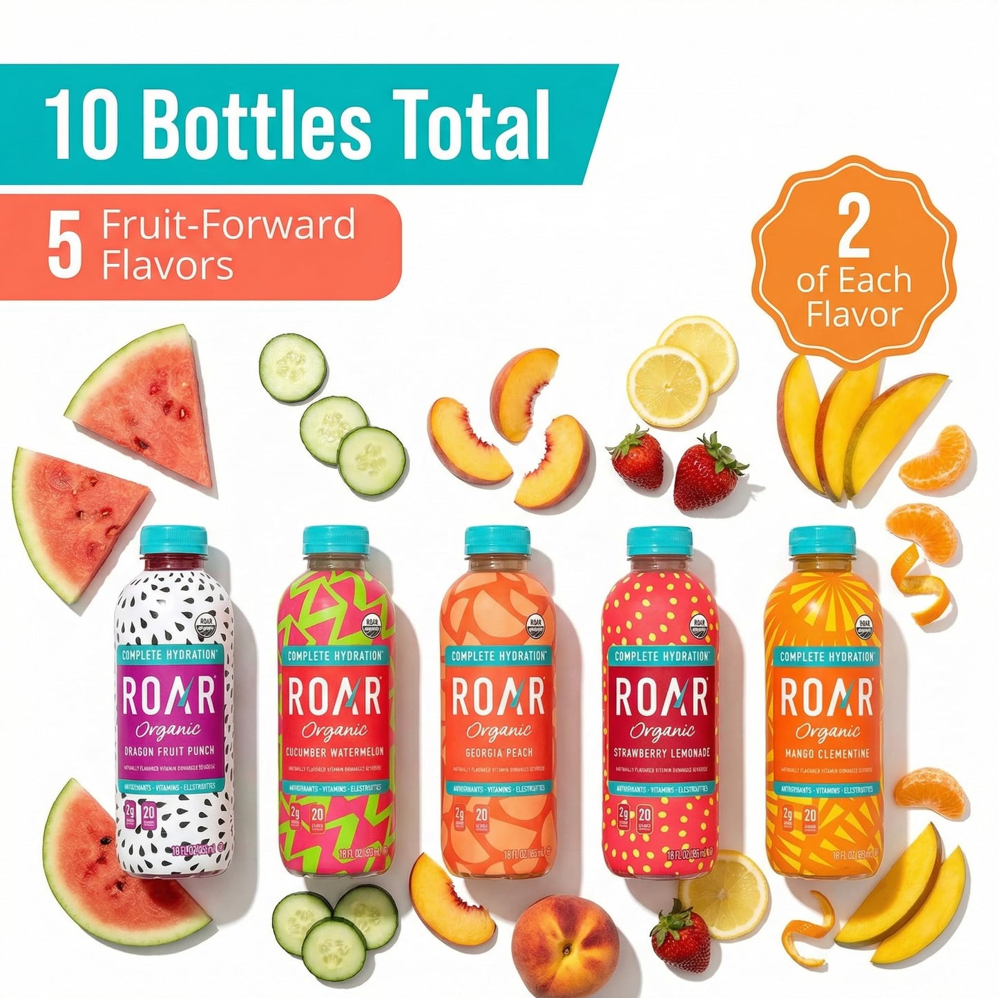 Roar Organic Beverages Variety Pack, 10-Pack (18oz Bottles) - Strawberry Lemonade, Dragon Fruit Punch, Mango Clementine, Blackberry Lemonade & Georgia