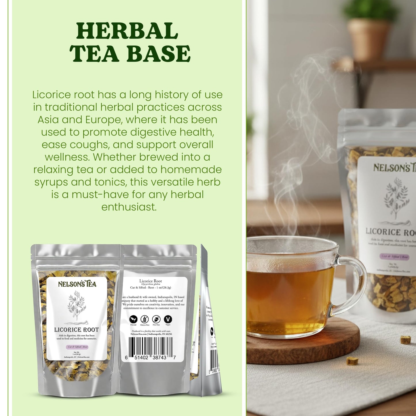 Nelson's Tea Licorice Root Tea Cut & Sifted - (Glycyrrhiza glabra) Caffeine-free, Naturally Sweet Herbal, Wealth of Health Benefits, Excellent Quality