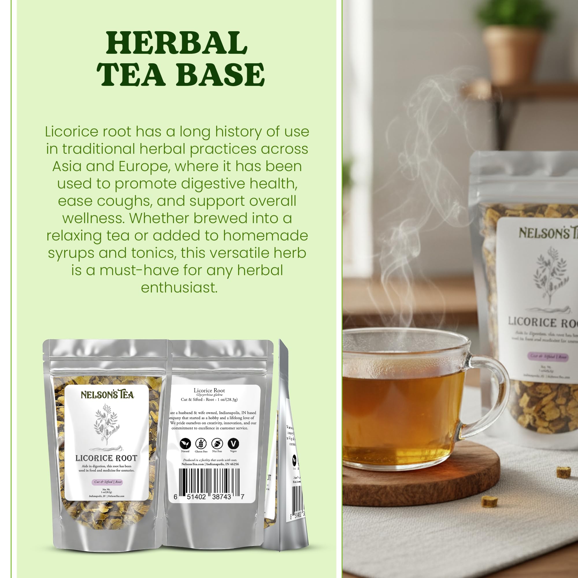 Nelson's Tea Licorice Root Tea Cut & Sifted - (Glycyrrhiza glabra) Caffeine-free, Naturally Sweet Herbal, Wealth of Health Benefits, Excellent Quality