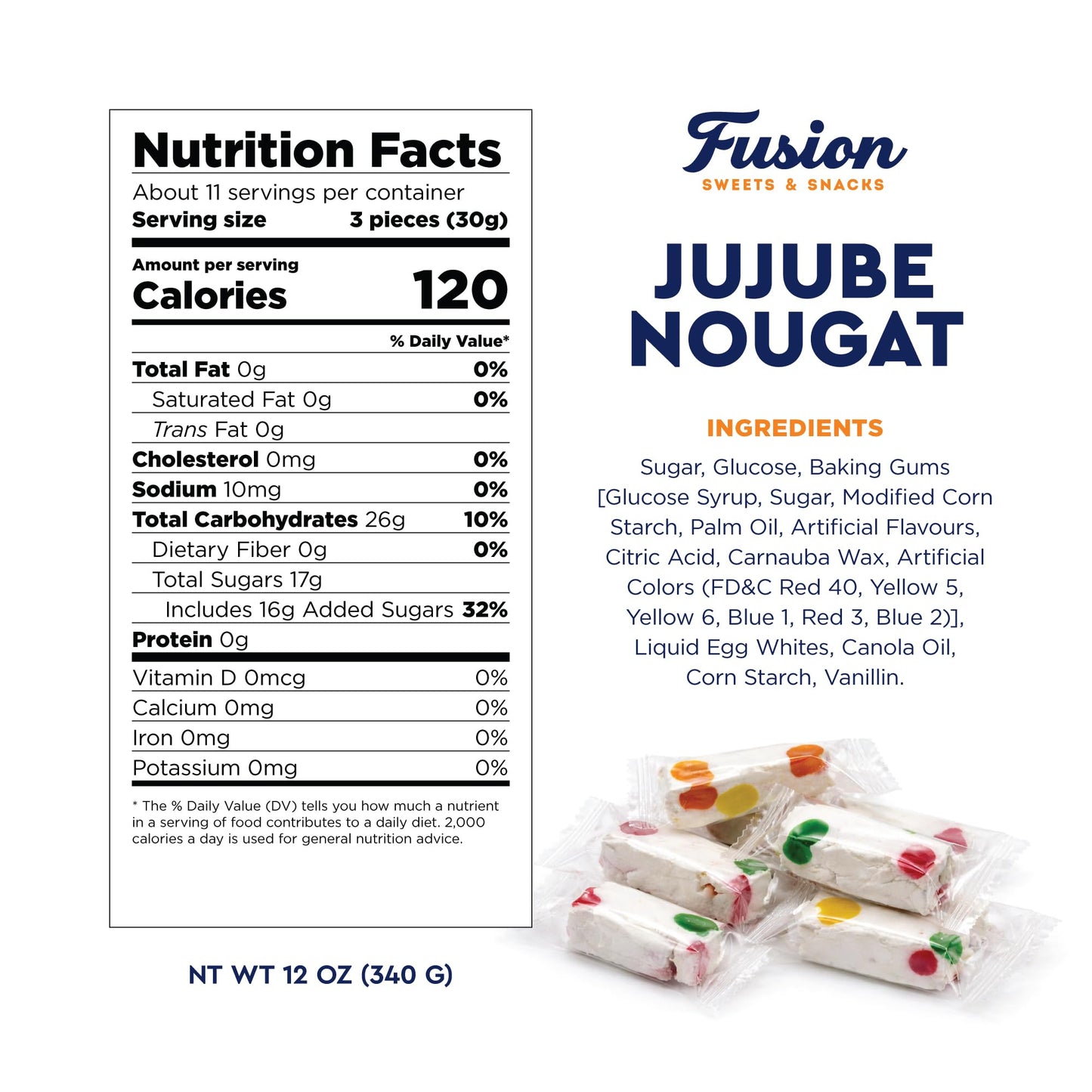 Jujube Nougat Candy - 12 Ounces (Approx. 35 Pieces) - Soft Chewy Fruit Jelly Pieces, Individually Wrapped, Classic Old Fashioned Treat, Easter Egg