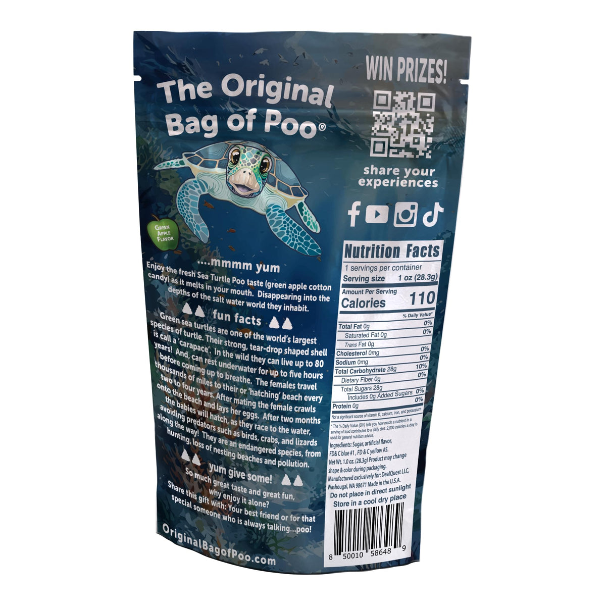 The Original Bag of Poo®, Sea Turtle Poo (Green Apple Flavor Cotton Candy) Novelty Poop Gag Gift. Free sticker inside.