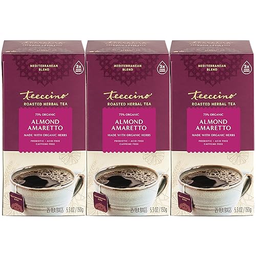 Teeccino Almond Amaretto Herbal Tea - Rich & Roasted Herbal Tea That's Caffeine Free & Prebiotic for Natural Energy, 25 Tea Bags (3 Pack)
