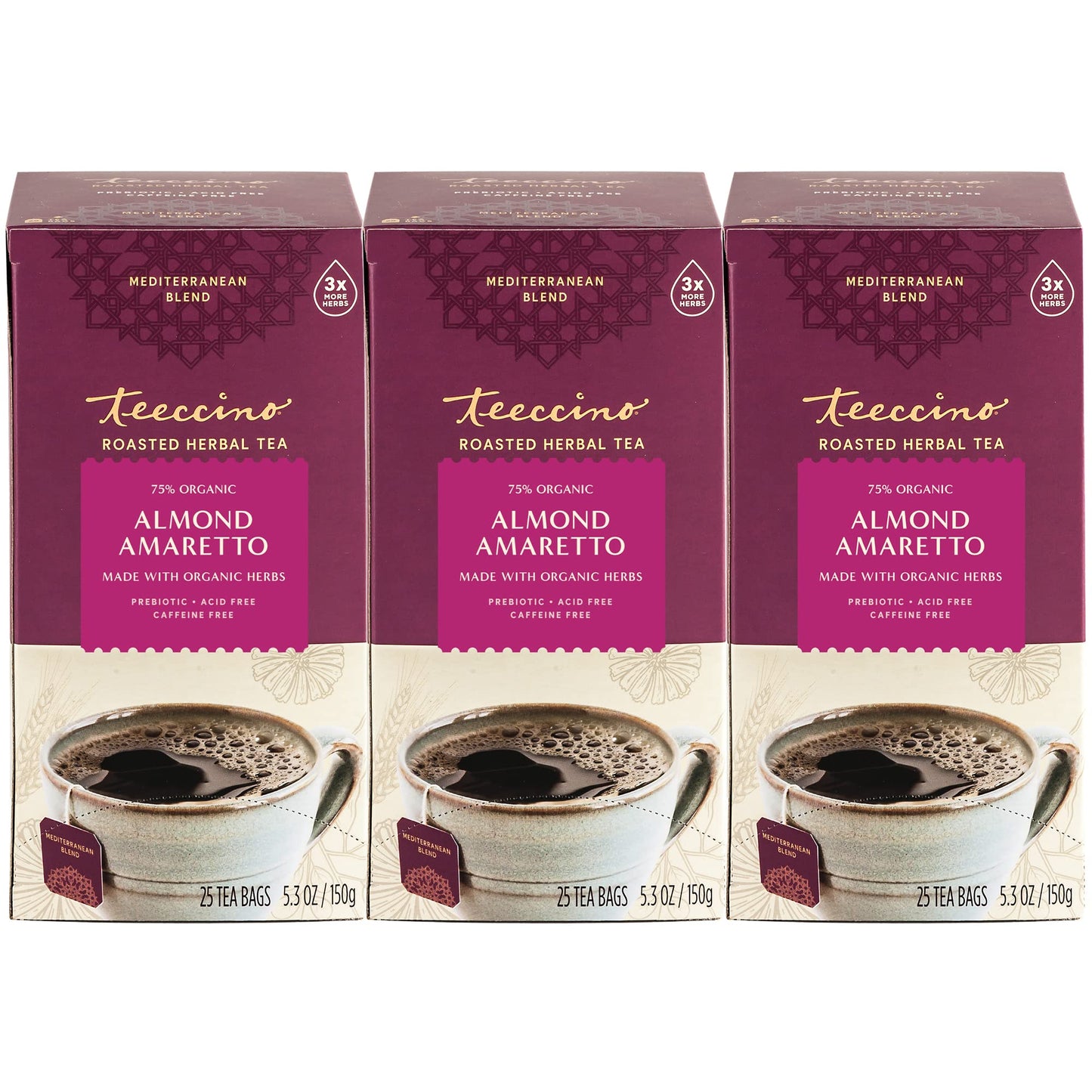 Teeccino Almond Amaretto Herbal Tea - Rich & Roasted Herbal Tea That's Caffeine Free & Prebiotic for Natural Energy, 25 Tea Bags (3 Pack)