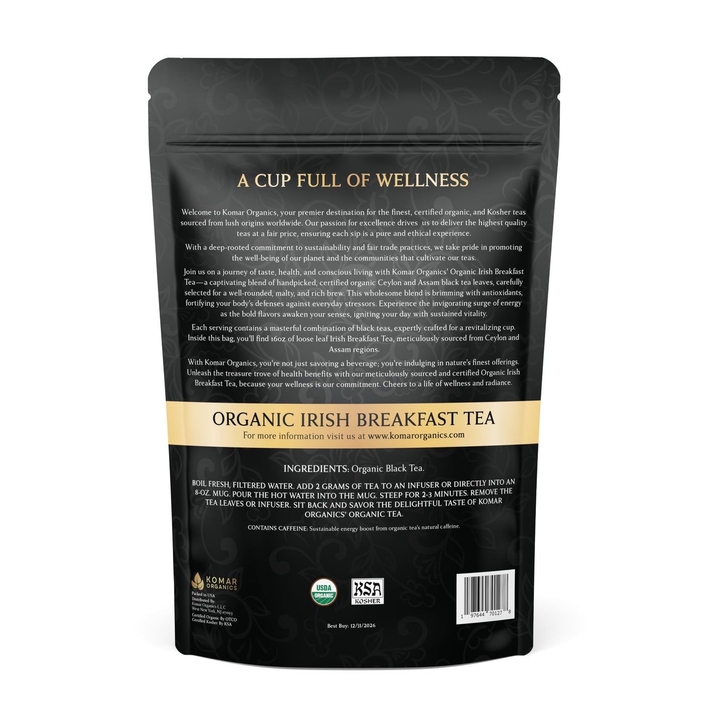 Komar Organics Irish Breakfast Tea - 16Oz USDA Organic Black Loose Leaf Tea - Certified Kosher Ceylon and Assam Black Tea Loose Leaf Rich in