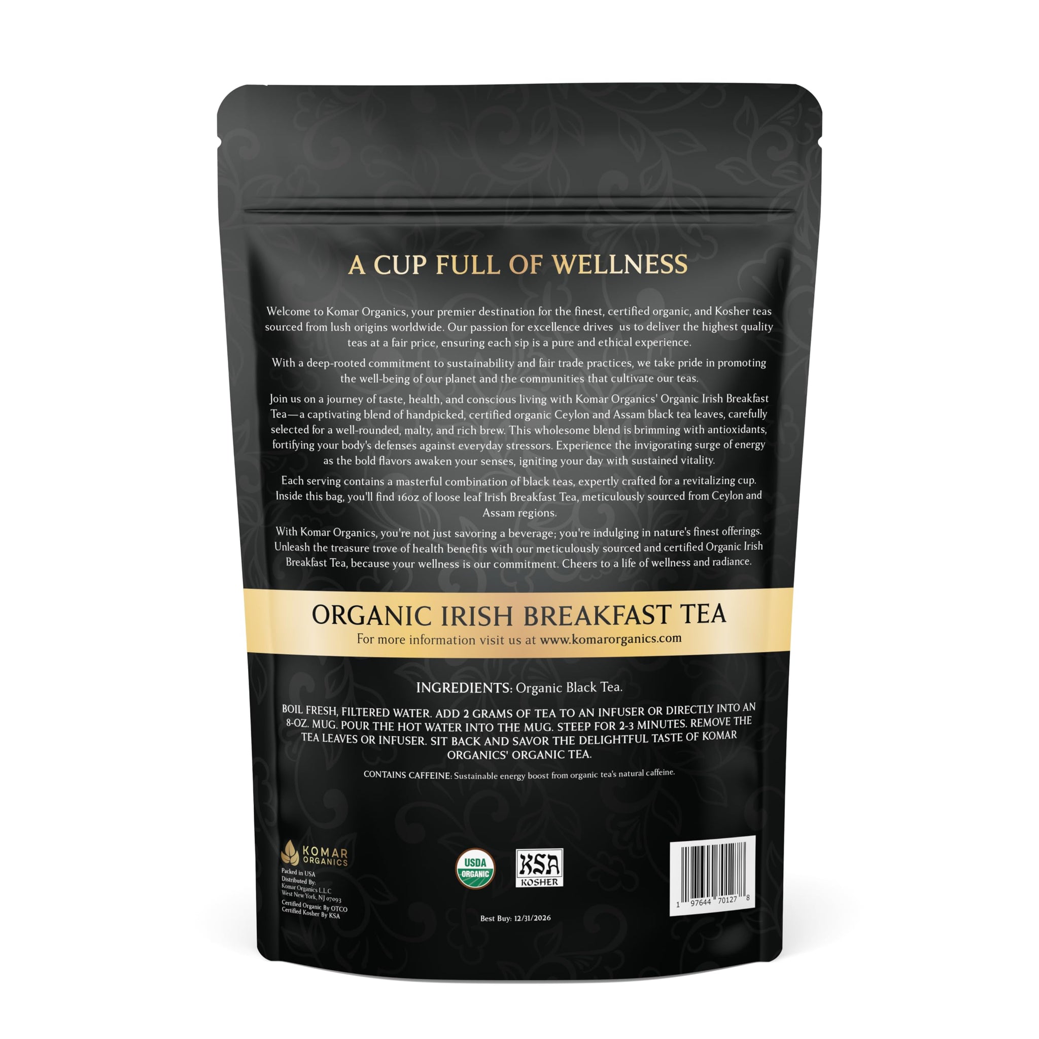 Komar Organics Irish Breakfast Tea - 16Oz USDA Organic Black Loose Leaf Tea - Certified Kosher Ceylon and Assam Black Tea Loose Leaf Rich in