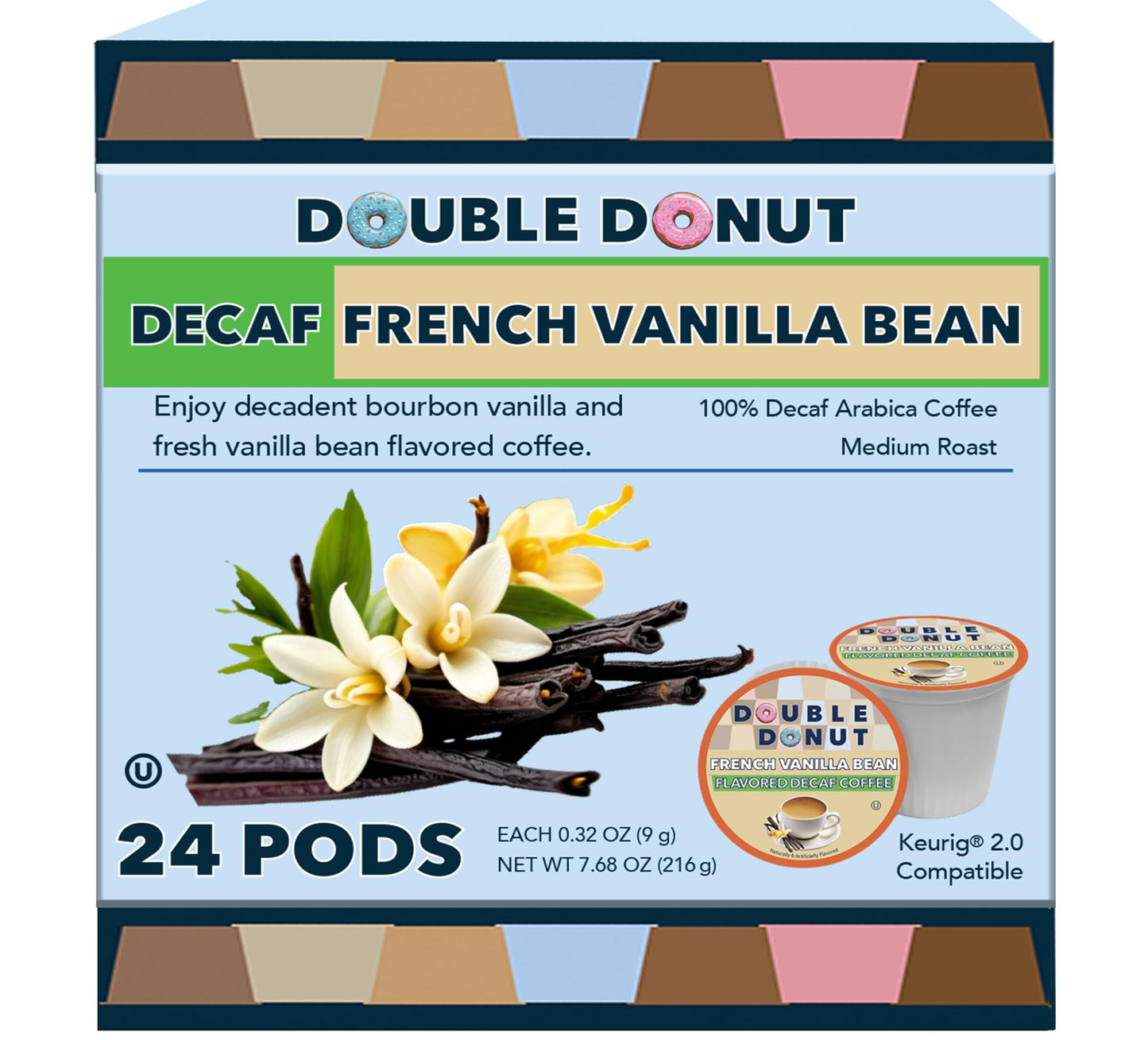 Double Donut Coffee Double Donut Decaf French Vanilla Coffee Pods, Medium Roast Single Serve French Vanilla Bean Decaf Flavored Coffee Pods For Keurig