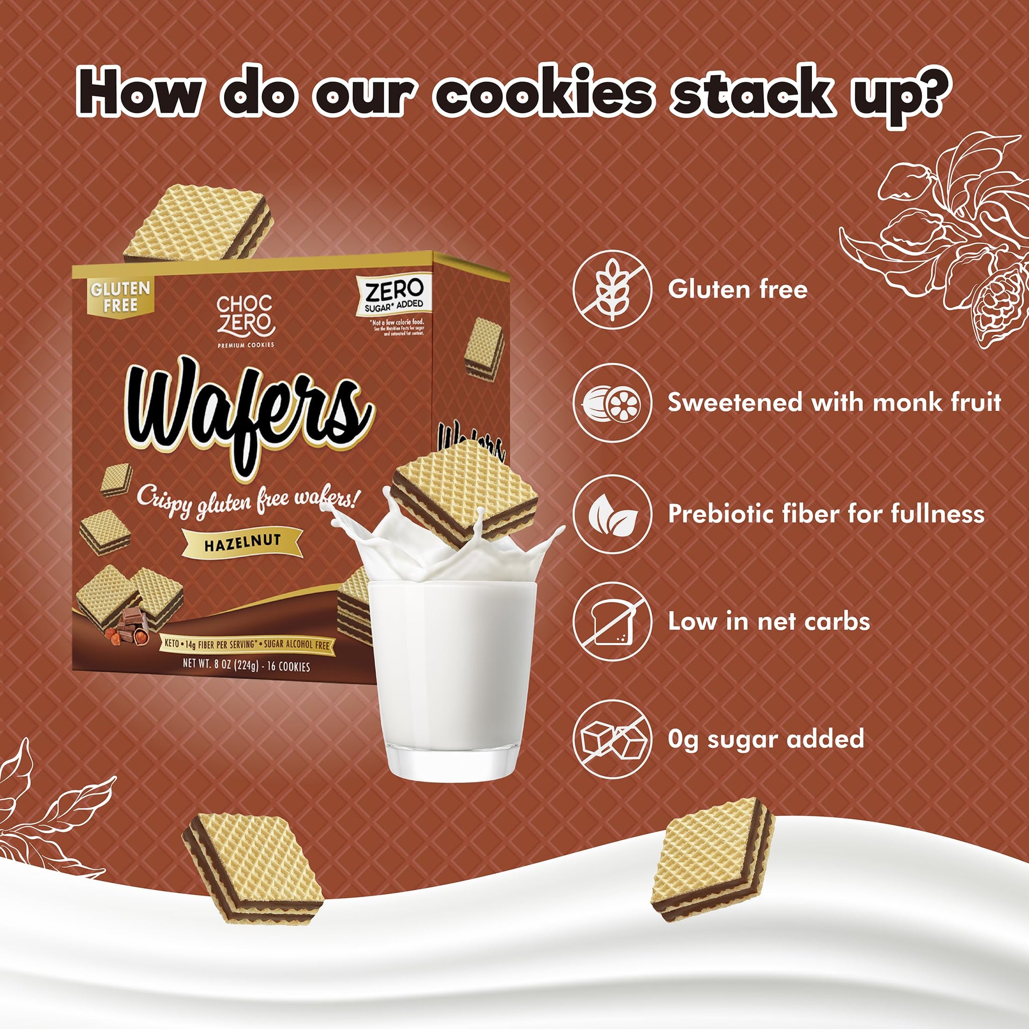 ChocZero Hazelnut Wafer Cookies - No Added Sugar, Keto Friendly, Low Carb Cookies with No Sugar Alcohols, Gluten Free & Individually Wrapped - 8 oz