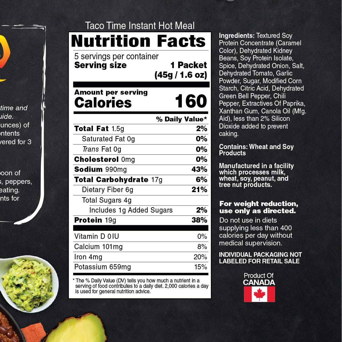Inspire Taco Time Instant Hot Meal - 19g Protein by Bariatric Eating (5 Packets)
