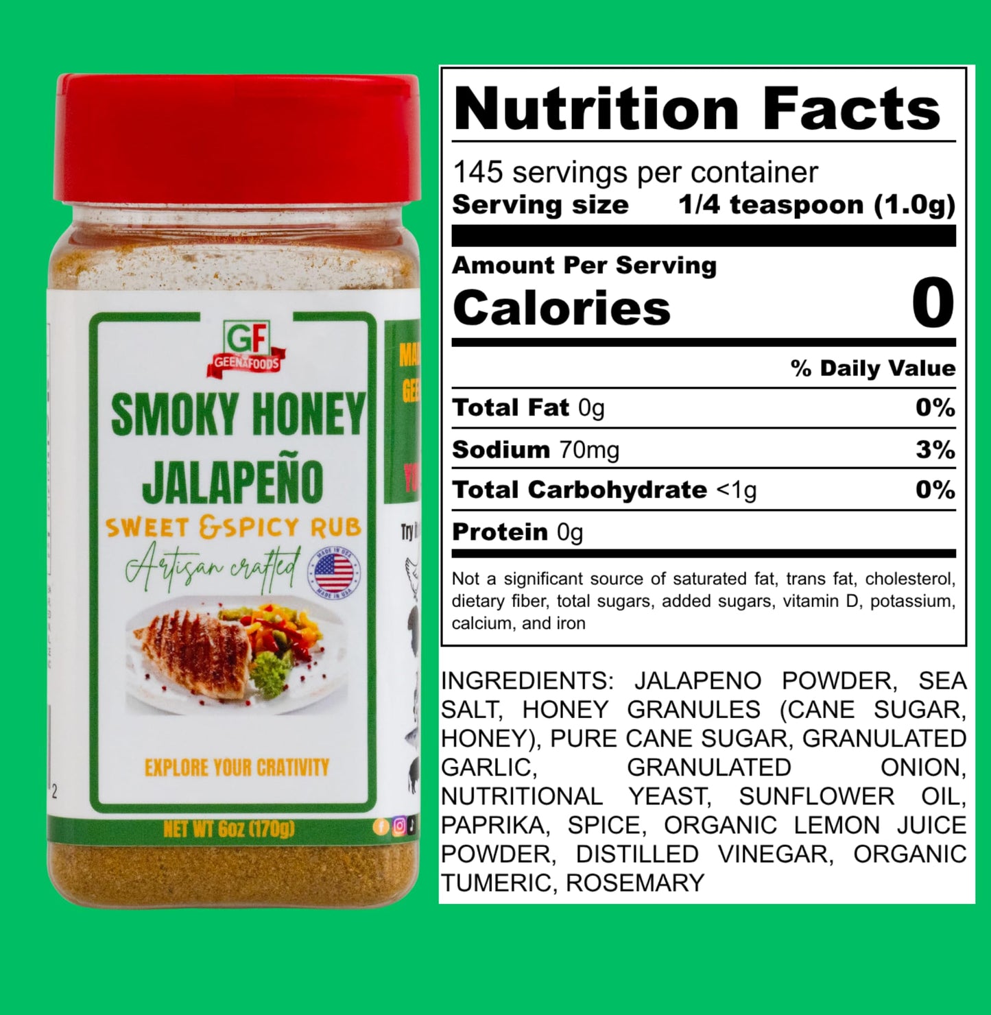 GEENAFOODS SMOKY HONEY JALAPENO GILL RUB flavorful blend Powder with pure Jalapeno powder and and Dehydrated honey ,Sweet Heat for chicken , meat