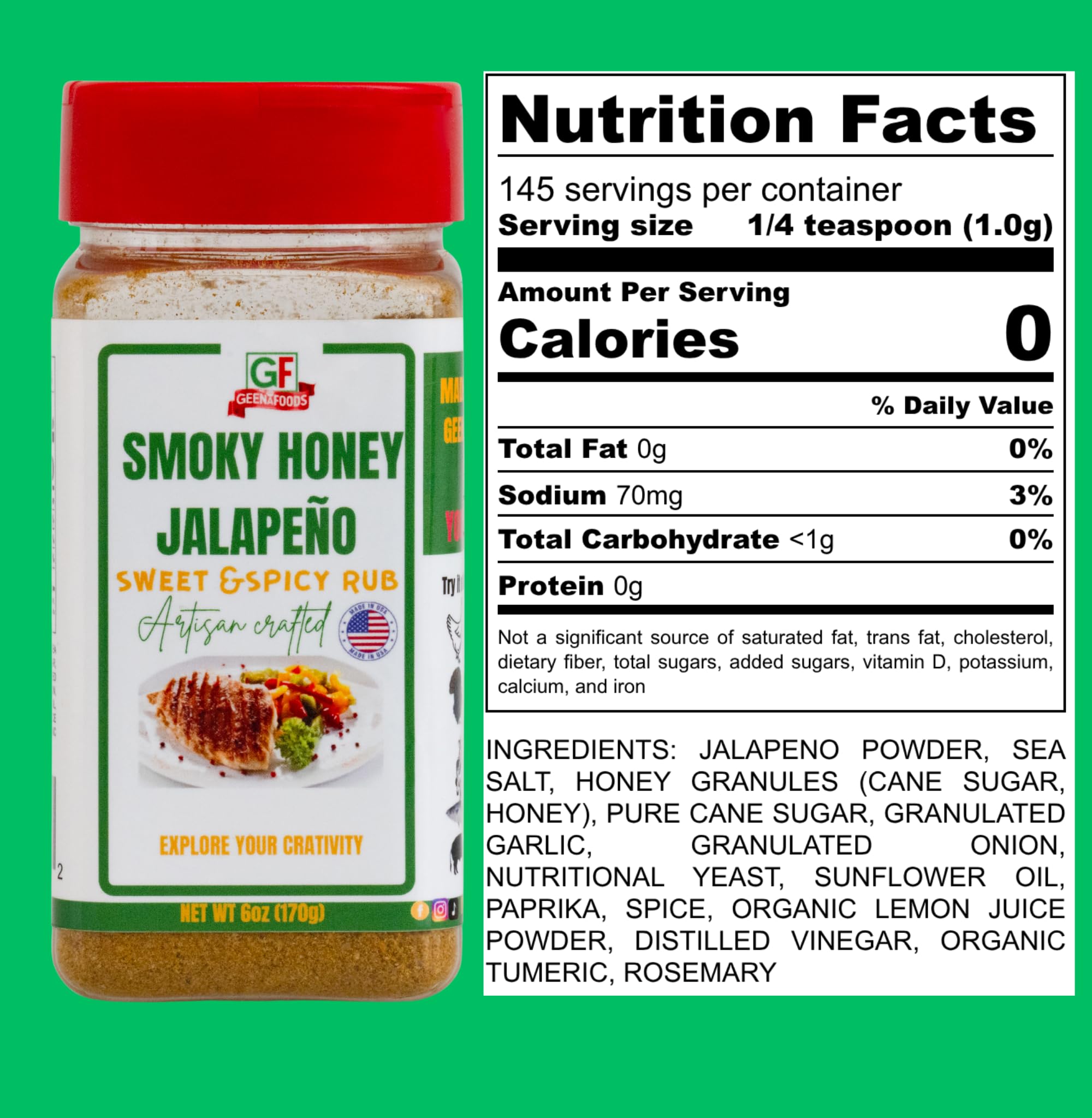GEENAFOODS SMOKY HONEY JALAPENO GILL RUB flavorful blend Powder with pure Jalapeno powder and and Dehydrated honey ,Sweet Heat for chicken , meat