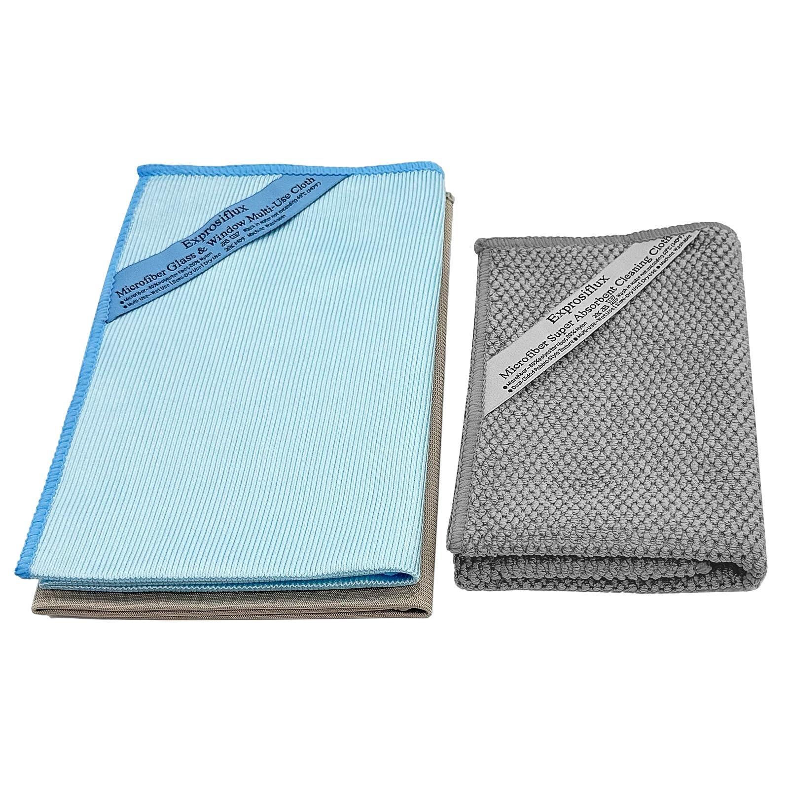 Exprosiflux Lint-Free Streak-Free Glass Cleaning Cloth 3-Pack - Microfiber Towels Polish & Scrub with Only Water for Windows, Cars, Mirrors - Blue