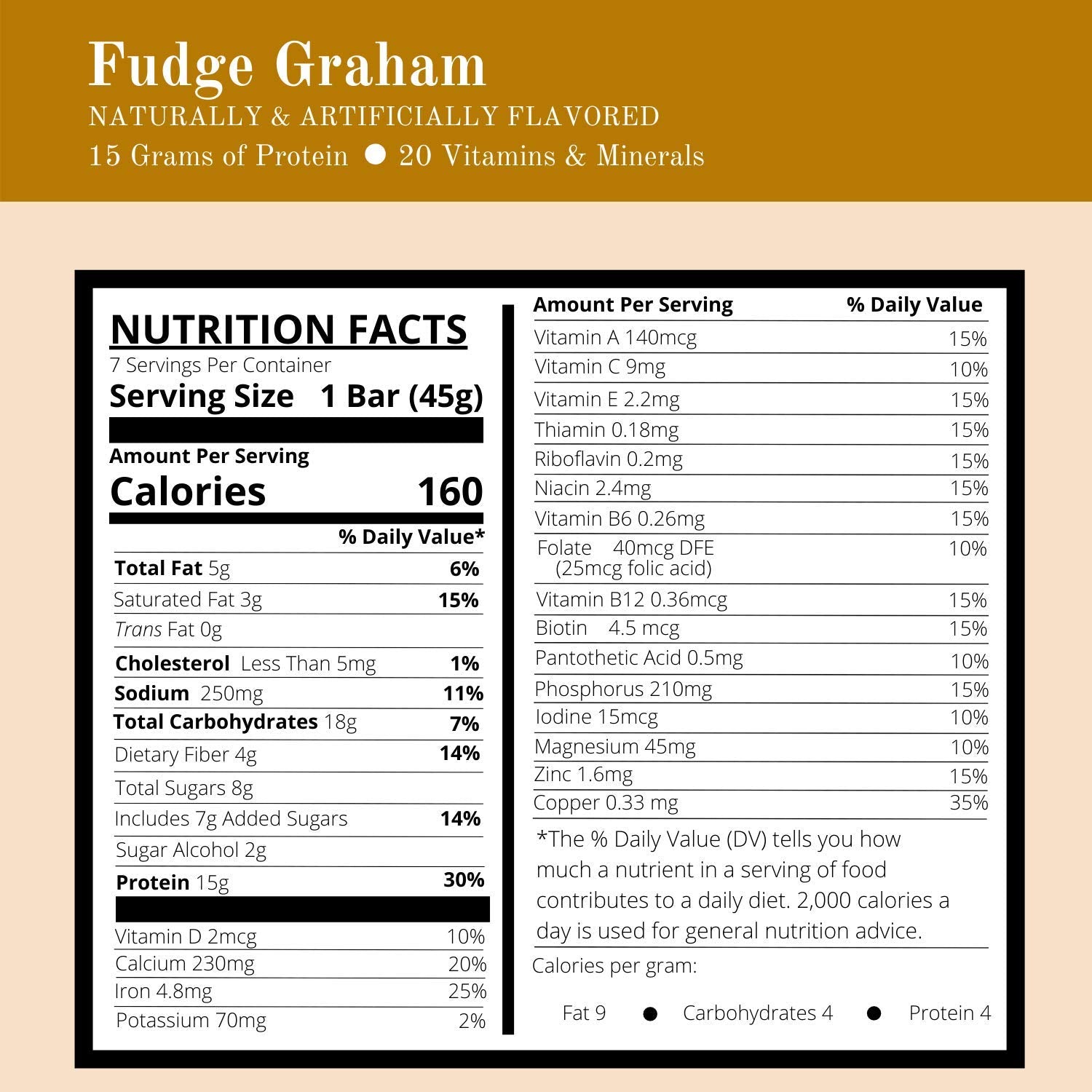 Nutmeg State Nutrition High Protein Snack and Meal Replacement Bar/Diet Bars - Fudge Graham (7ct) - Trans Fat Free, Aspartame Free, Kosher, High Fiber