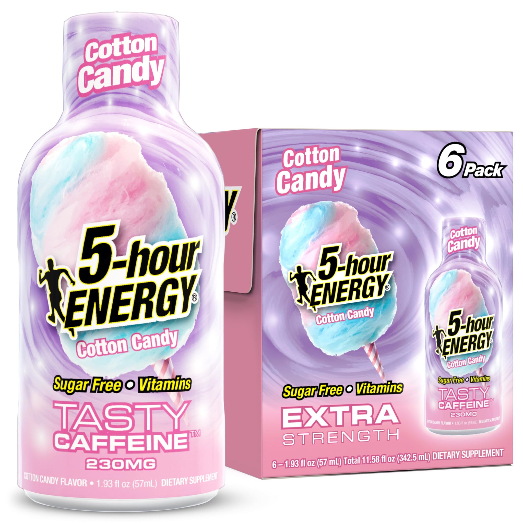 5-hour ENERGY COTTON CANDY Flavor, 6 Count, 1.93 Fl Oz Energy Shot, Extra Strength, Amino Acids, B Vitamins, Sugar Free and Zero Calories
