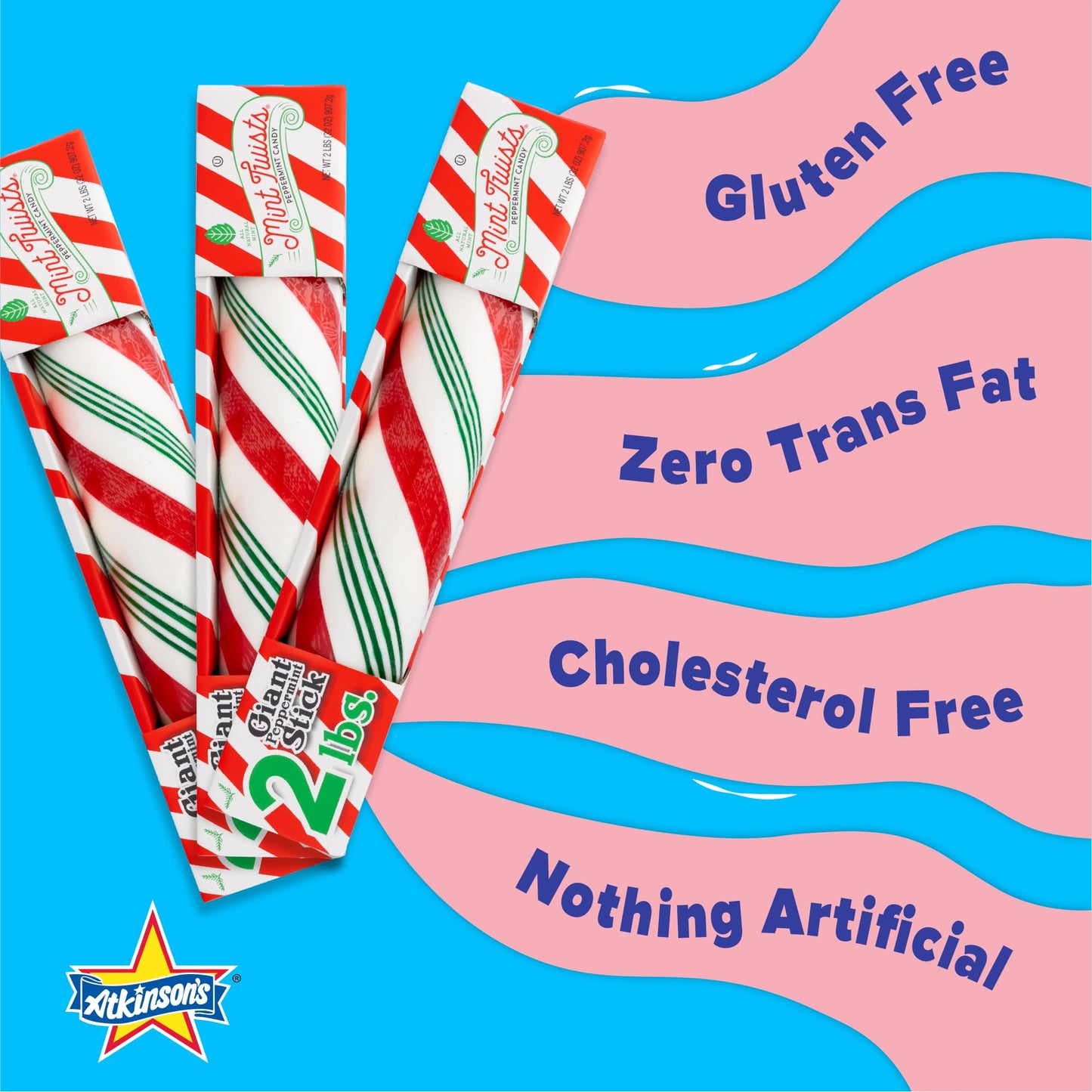 Atkinson's Mint Twists Giant 2 lb. Peppermint Stick - Peppermint Red & White Candy - Gluten Free, Kosher, Vegan - Great for Gifting, Crafting