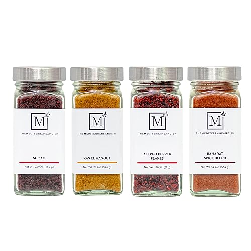 The Mediterranean Dish Exotic Middle Eastern Spice Bundle - Baharat, Ras El Hanout, Aleppo Pepper and Sumac - Gourmet Mediterranean Seasonings Set