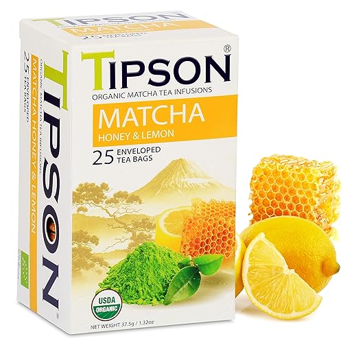 Tipson Organic Matcha Green Tea - Honey Lemon Flavor - 25 Foil Enveloped Double Chambered Bags - Keto/Paleo