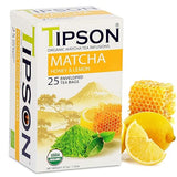 Tipson Organic Matcha Green Tea - Honey Lemon Flavor - 25 Foil Enveloped Double Chambered Bags - Keto/Paleo