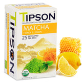 Tipson Organic Matcha Green Tea - Honey Lemon Flavor - 25 Foil Enveloped Double Chambered Bags - Keto/Paleo