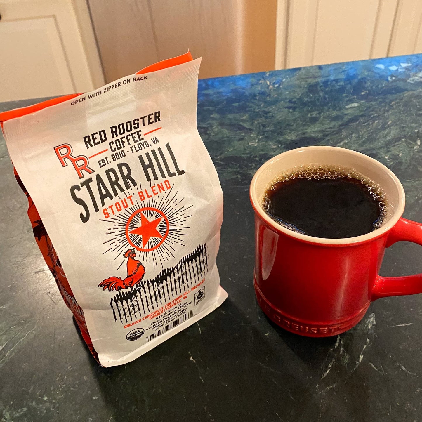 Red Rooster Coffee, Organic Starr Hill Stout Coffee - Medium-Dark Roast Whole Bean - Notes of Dark Chocolate, Praline & Citrus - 12oz - USDA Organic