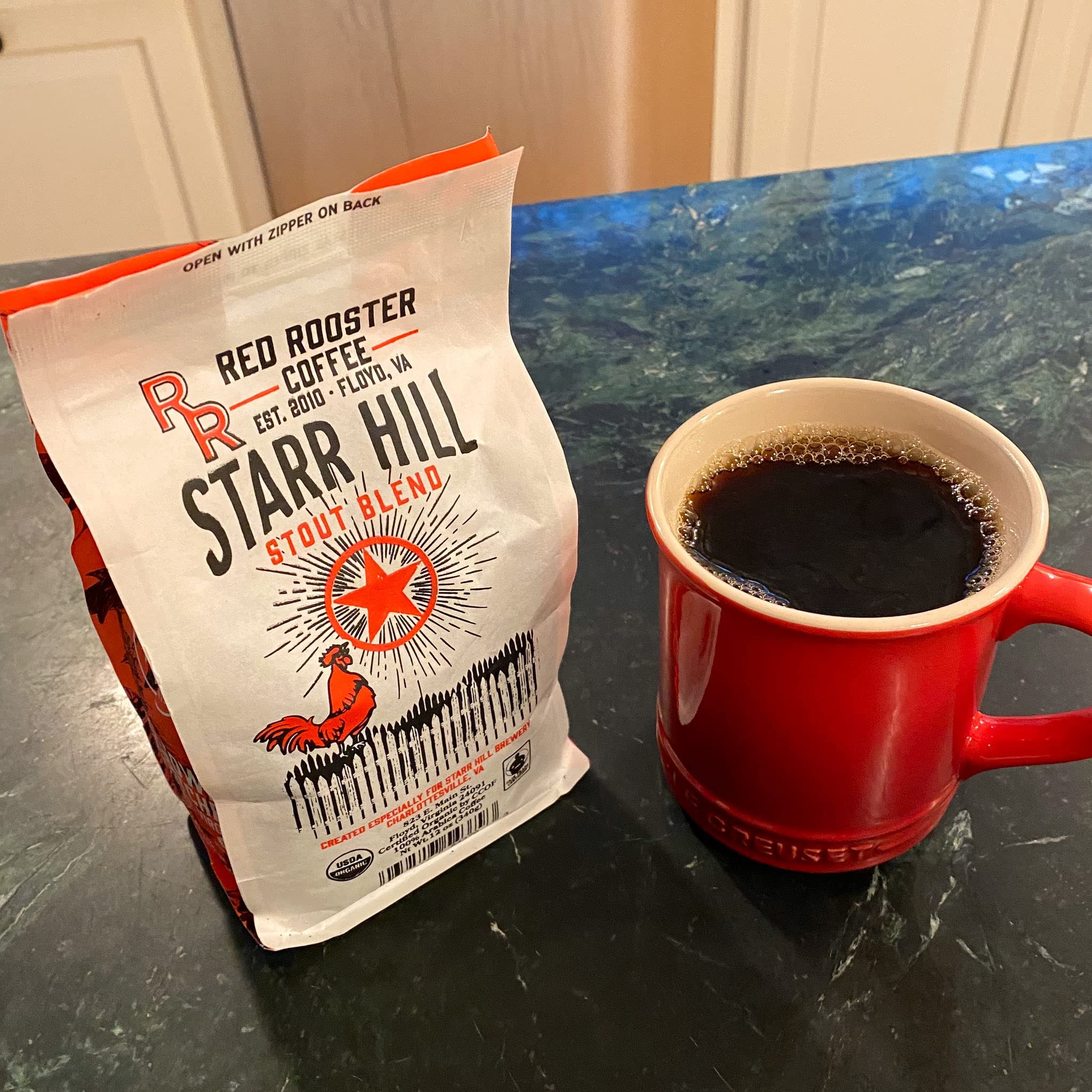 Red Rooster Coffee, Organic Starr Hill Stout Coffee - Medium-Dark Roast Whole Bean - Notes of Dark Chocolate, Praline & Citrus - 12oz - USDA Organic