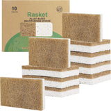 Rasket 10 Pack Biodegradable Natural Sponges Kitchen - Compostable Cellulose and Coconut Walnut Scrubber Sponge - Eco Friendly Sponges for Dishes