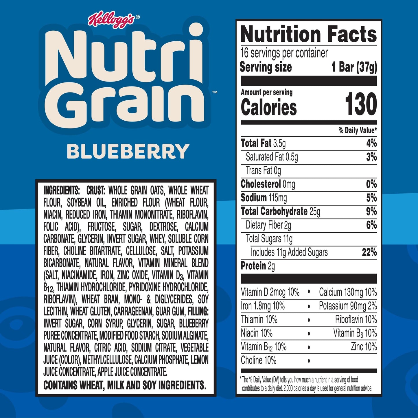 Nutri-Grain Breakfast Bars, Made with 10g Whole Grains, Snack Bars, Blueberry, 20.8oz Box (16 Count)