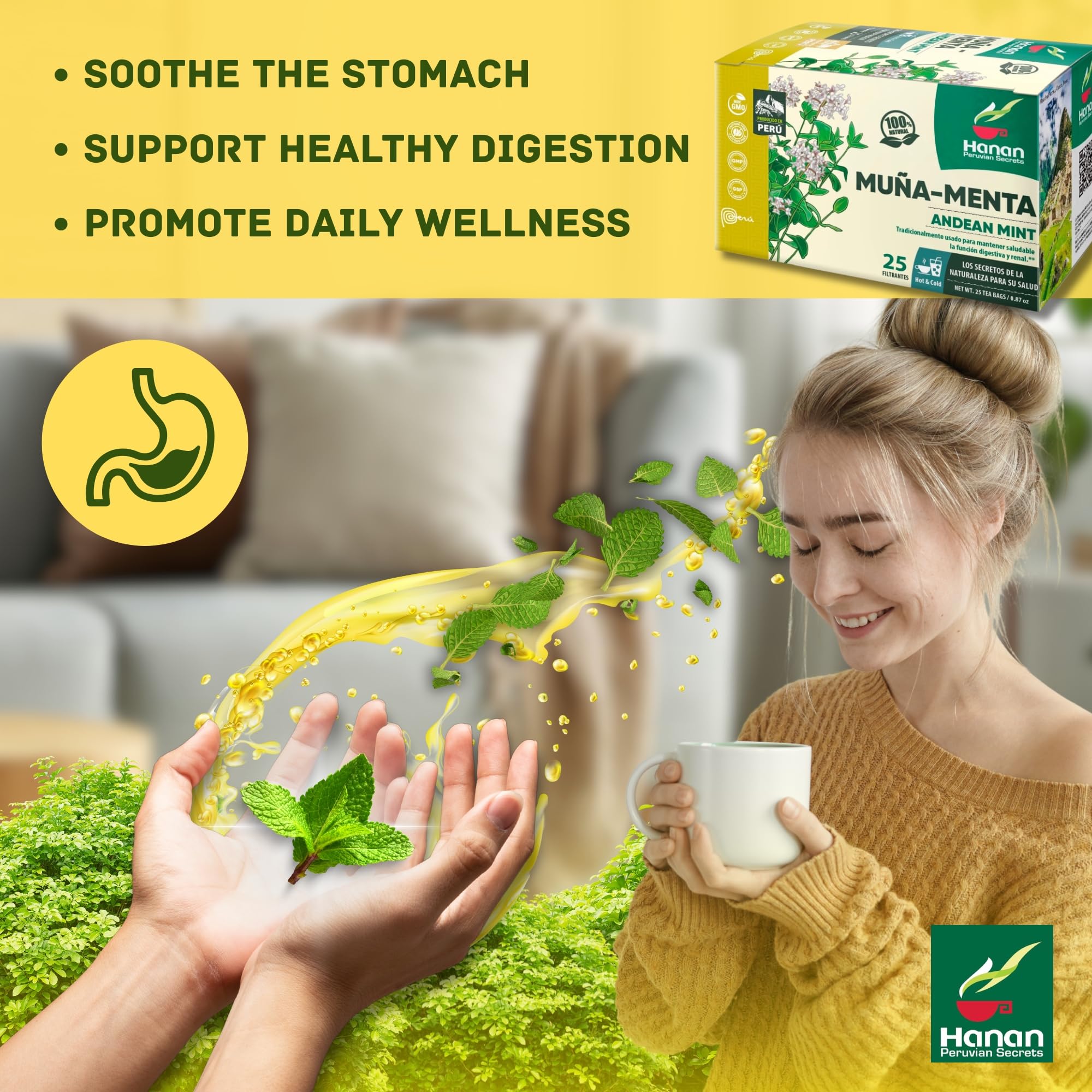 Hanan Muña Tea Bags - 100% Natural Andean Mint Herbal Tea from Peru, 25 Bags of Traditional Té de Muña del Perú, Caffeine-Free for Digestion, Fresh