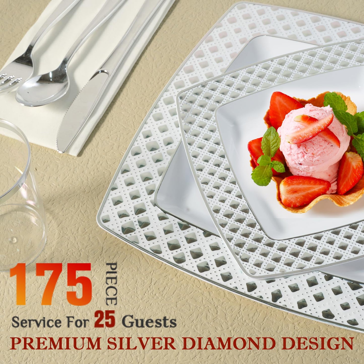 FOCUSLINE 175 Count Silver Dinnerware Set for 25 Guests, Disposable Square Plastic Plates with Diamond Rim, Includes 25 Dinner & Dessert Plates