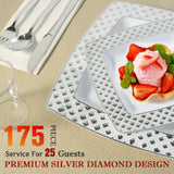 FOCUSLINE 175 Count Silver Dinnerware Set for 25 Guests, Disposable Square Plastic Plates with Diamond Rim, Includes 25 Dinner & Dessert Plates