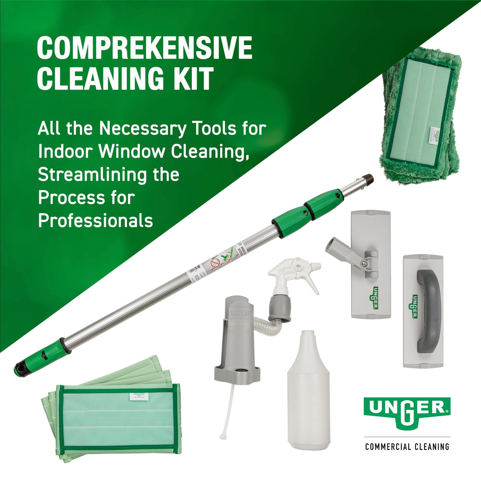 Unger Commercial SpeedClean Window Cleaning Kit, 11-Piece Set, 8-Inch Pad Holder with Microfiber Pads, 6-Foot Reach