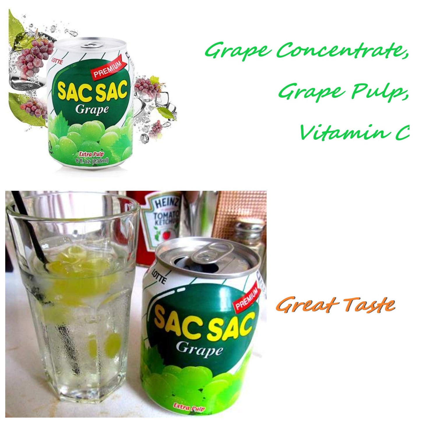 Korean Best Variety Energy Drink Box Deal - SACSAC, RICE PUNCH, PEAR JUICE - (SACSAC GRAPE, 12 CANS)
