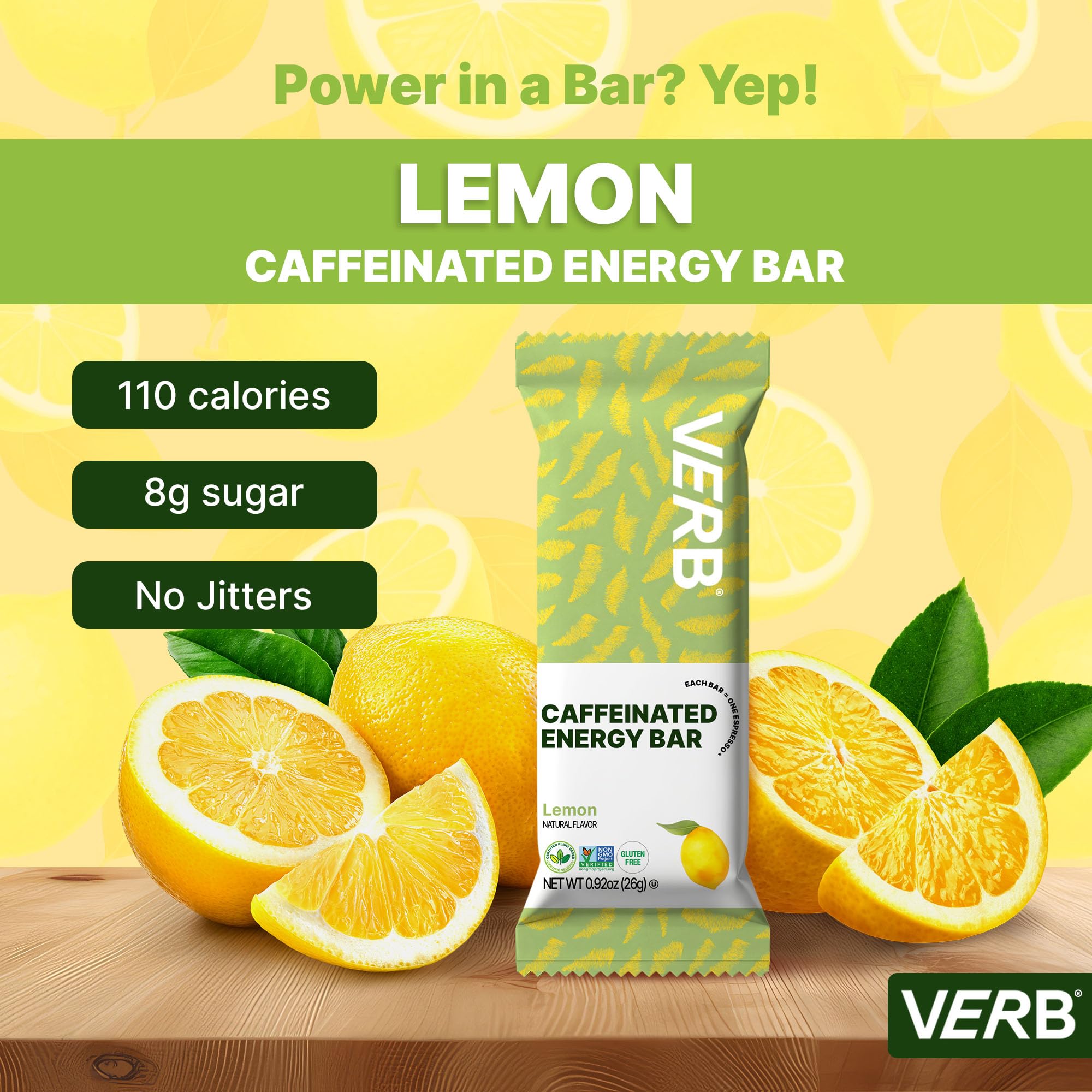 Verb Caffeinated Energy Bars Lemon (26g, Pack of 16) 110-Calorie Delicious Low Sugar Energy Bar - Vegan Gluten Free On-the Go Snack with 80mg Green