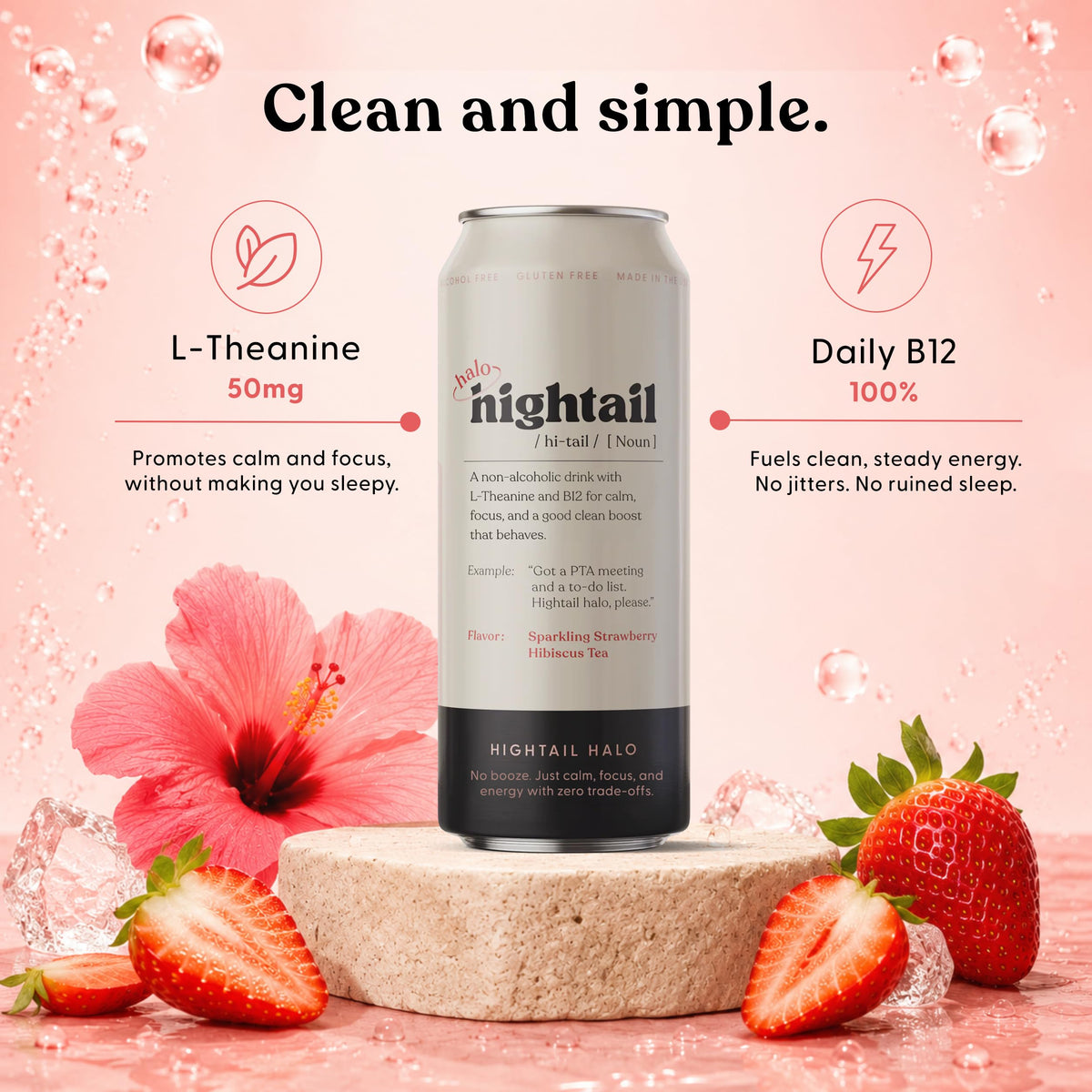 Hightail Halo Strawberry Hibiscus Sparkling Tea, L-Theanine + B12, 4 Pack