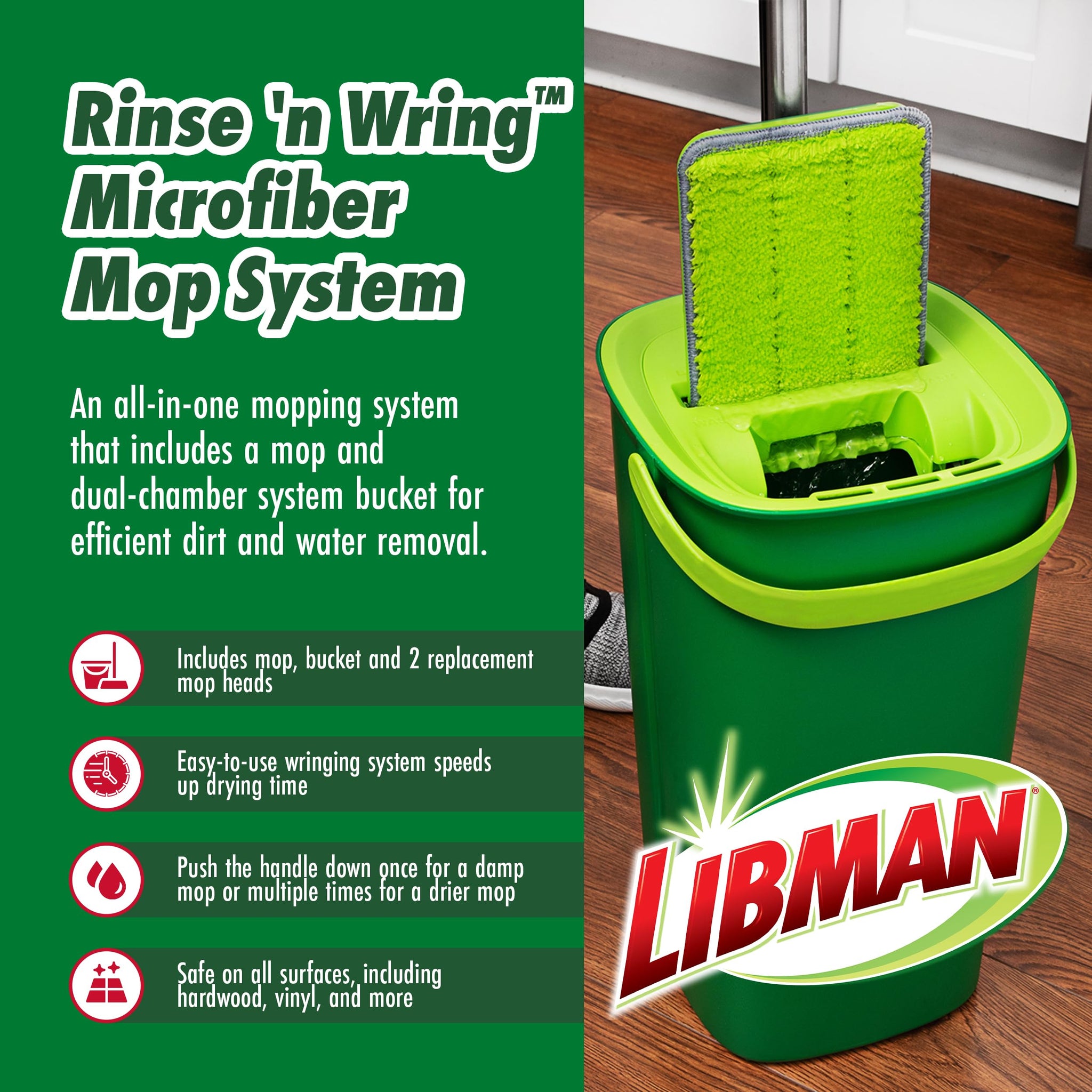 Libman Rinse 'n Wring Mop and Bucket System, Microfiber Dry Wet Mop for Floor Cleaning, Hardwood, Laminate, Tile Cleaner, Dual Chamber Bucket Design