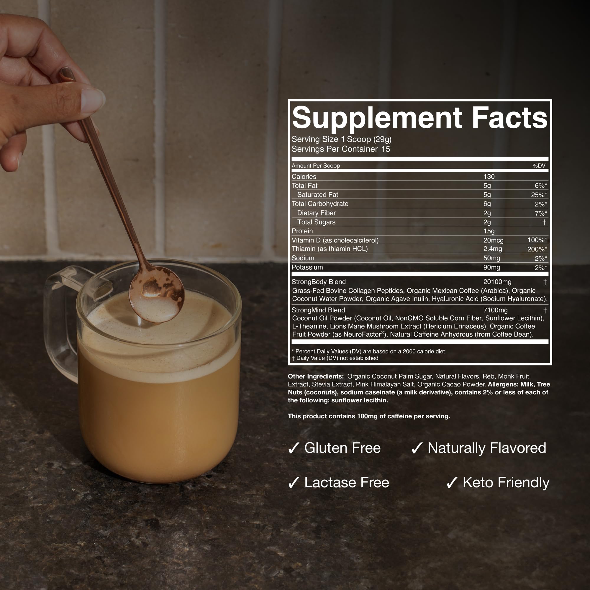 Strong Coffee Co. Vanilla Instant Latte | Organic Coffee with Collagen Protein | Lion’s Mane & L-Theanine | Adaptogens & Nootropics | 15 Servings