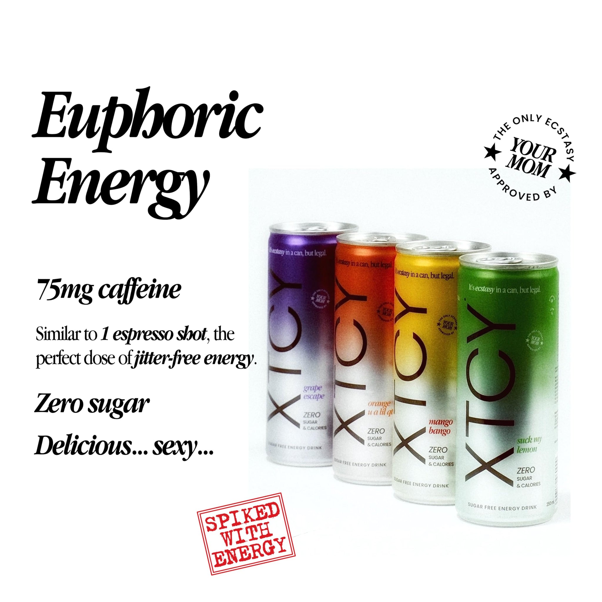 XTCY Euphoric Energy Drink, 12 FL oz, Grape Escape Flavor, 75mg Non-Extreme Caffeine, Sugar Free, Zero Calories (Pack of 4)