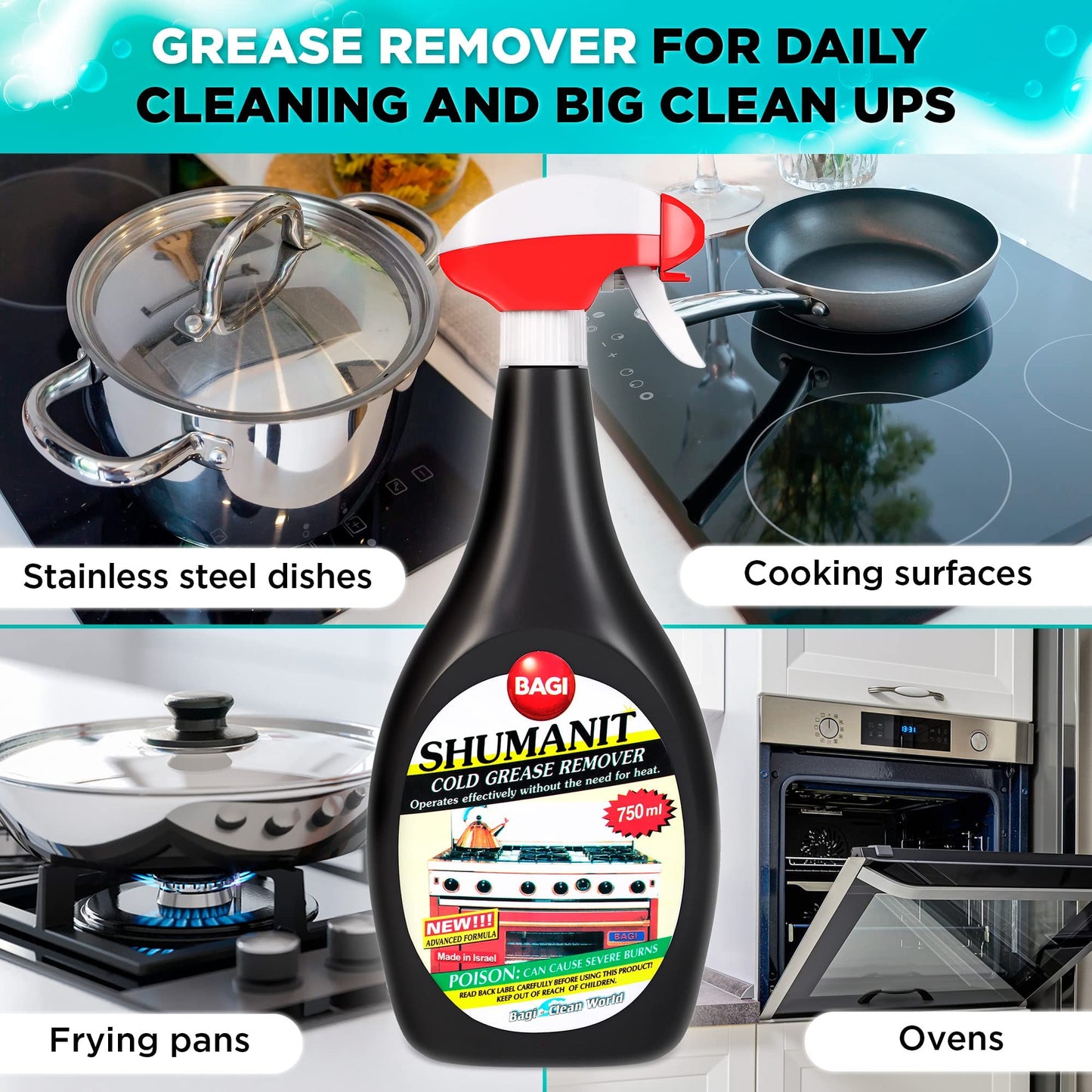 Shumanit Bagi Cold Grease Remover 750ml (25.4fl oz) (Package May Vary) +Plus Free Sponge Kosher for Passover Pack (1)